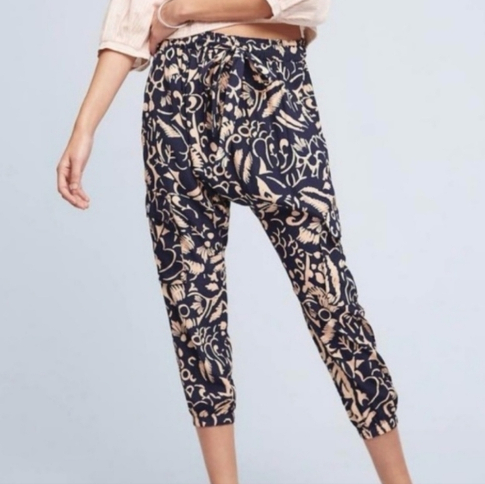 Anthropologie Hei Hei Navy Print Harem Crop Cargo‎ Pants Size Small Tie Waist